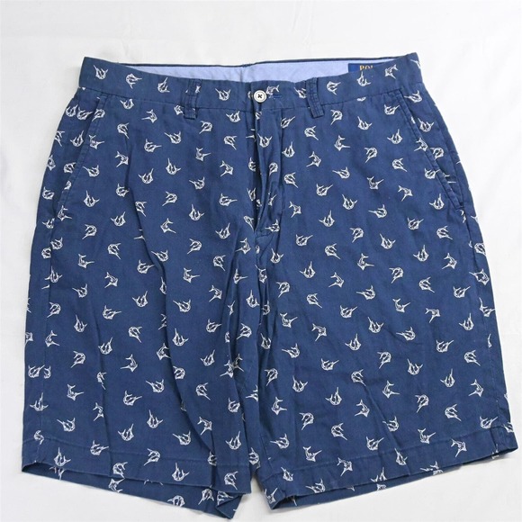 Polo Ralph Lauren 32 x 9" Navy Blue All Over Swordfish Linen Chino Shorts - Picture 1 of 5